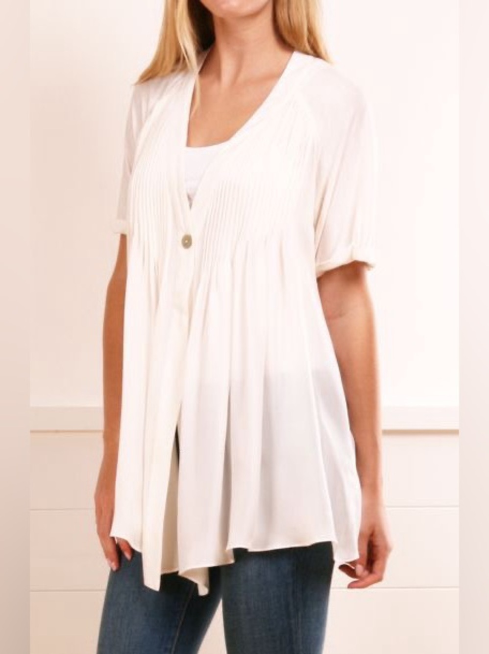 Elizabeth & James Silk Blend Pleated Blouse XS Ivory Draped Flowy Tunic Top